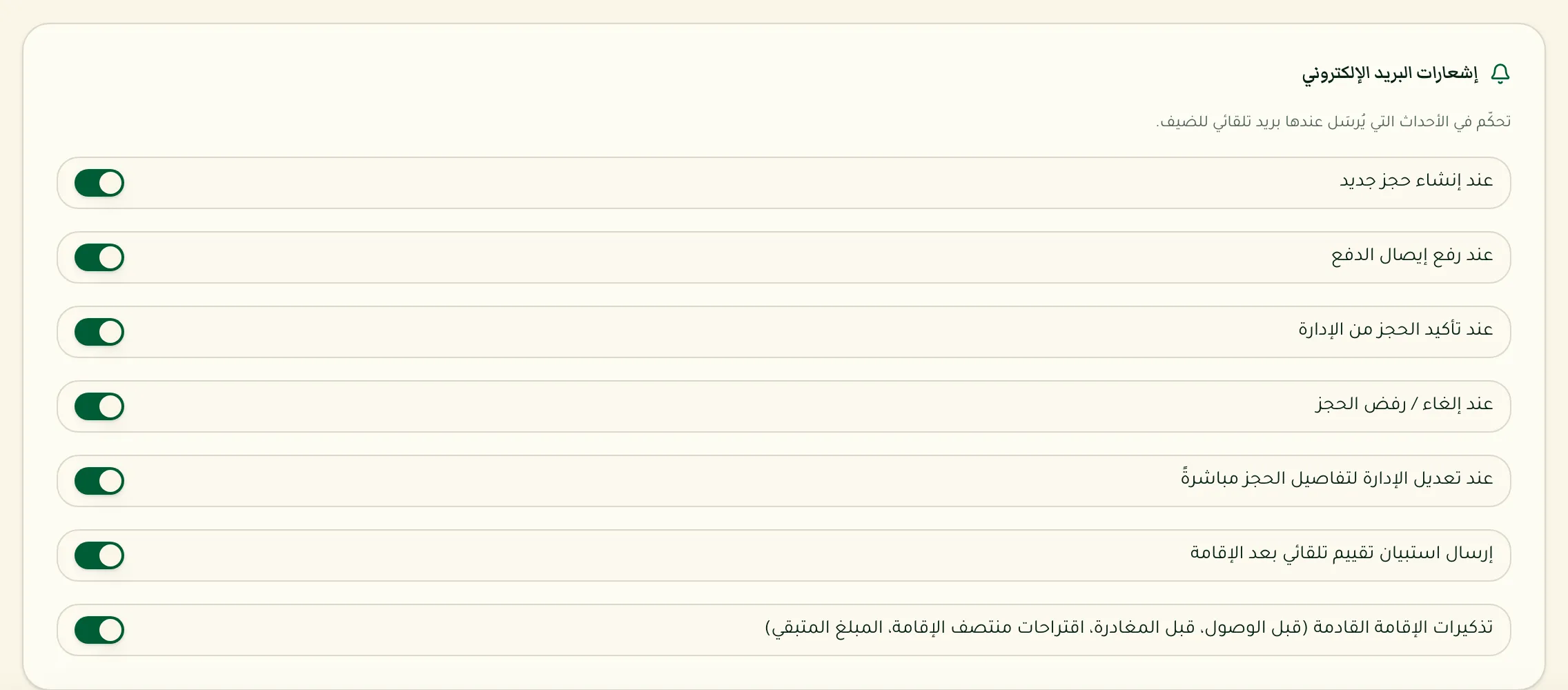قائمة إشعارات البريد الإلكتروني القابلة للتفعيل
