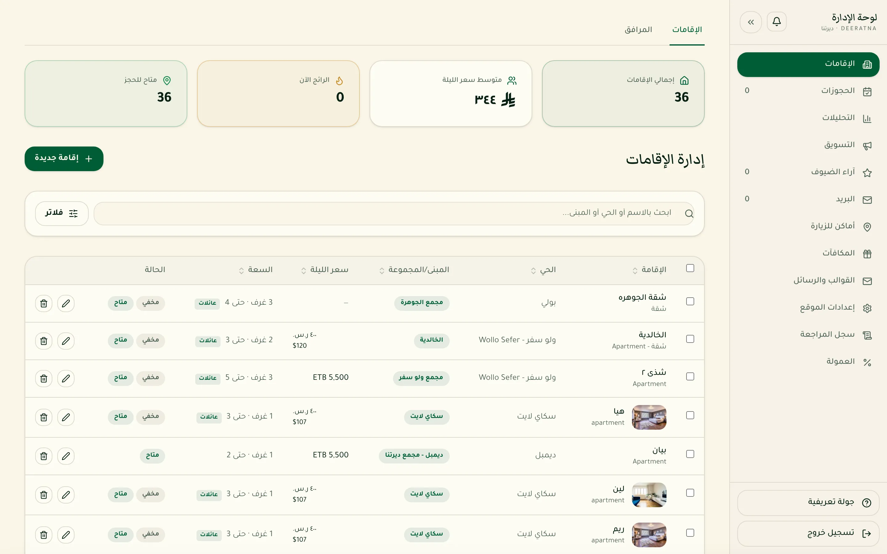 صفحة إدارة الإقامات في لوحة الإدارة